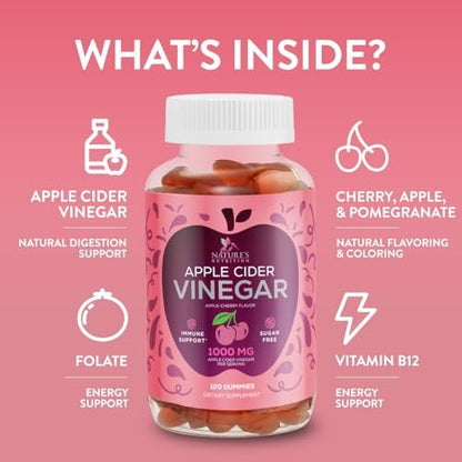Apfelessig Gummies 1000 mg pro Portion - Zuckerfrei ACV Gummies Vitaminpräparat - Vitamin B12 & B6 für Energie - Verdauung, Entgiftung & Reinigung Unterstützung, Vegan, Glutenfrei, Nicht-GVO - 120 Gummies