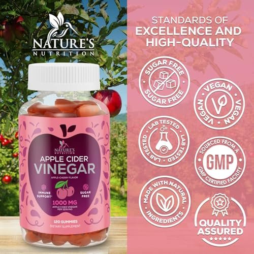Apfelessig Gummies 1000 mg pro Portion - Zuckerfrei ACV Gummies Vitaminpräparat - Vitamin B12 & B6 für Energie - Verdauung, Entgiftung & Reinigung Unterstützung, Vegan, Glutenfrei, Nicht-GVO - 120 Gummies