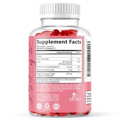 Apfelessig Gummies 1000 mg pro Portion - Zuckerfrei ACV Gummies Vitaminpräparat - Vitamin B12 & B6 für Energie - Verdauung, Entgiftung & Reinigung Unterstützung, Vegan, Glutenfrei, Nicht-GVO - 120 Gummies