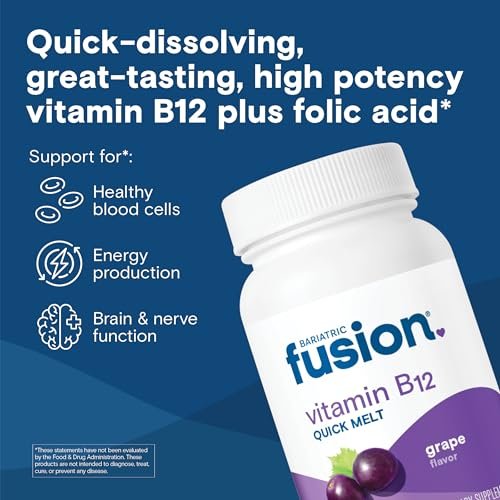 Bariatric Fusion Vitamin B12 1000 µg Sublingual-Schmelztabletten | Traubengeschmack | Vitamin B12 zum Zergehenlassen unter der Zunge mit Folsäure | Zuckerfrei | Methylcobalamin | 90 Stück