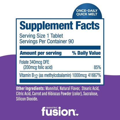 Bariatric Fusion Vitamin B12 1000 µg Sublingual-Schmelztabletten | Traubengeschmack | Vitamin B12 zum Zergehenlassen unter der Zunge mit Folsäure | Zuckerfrei | Methylcobalamin | 90 Stück