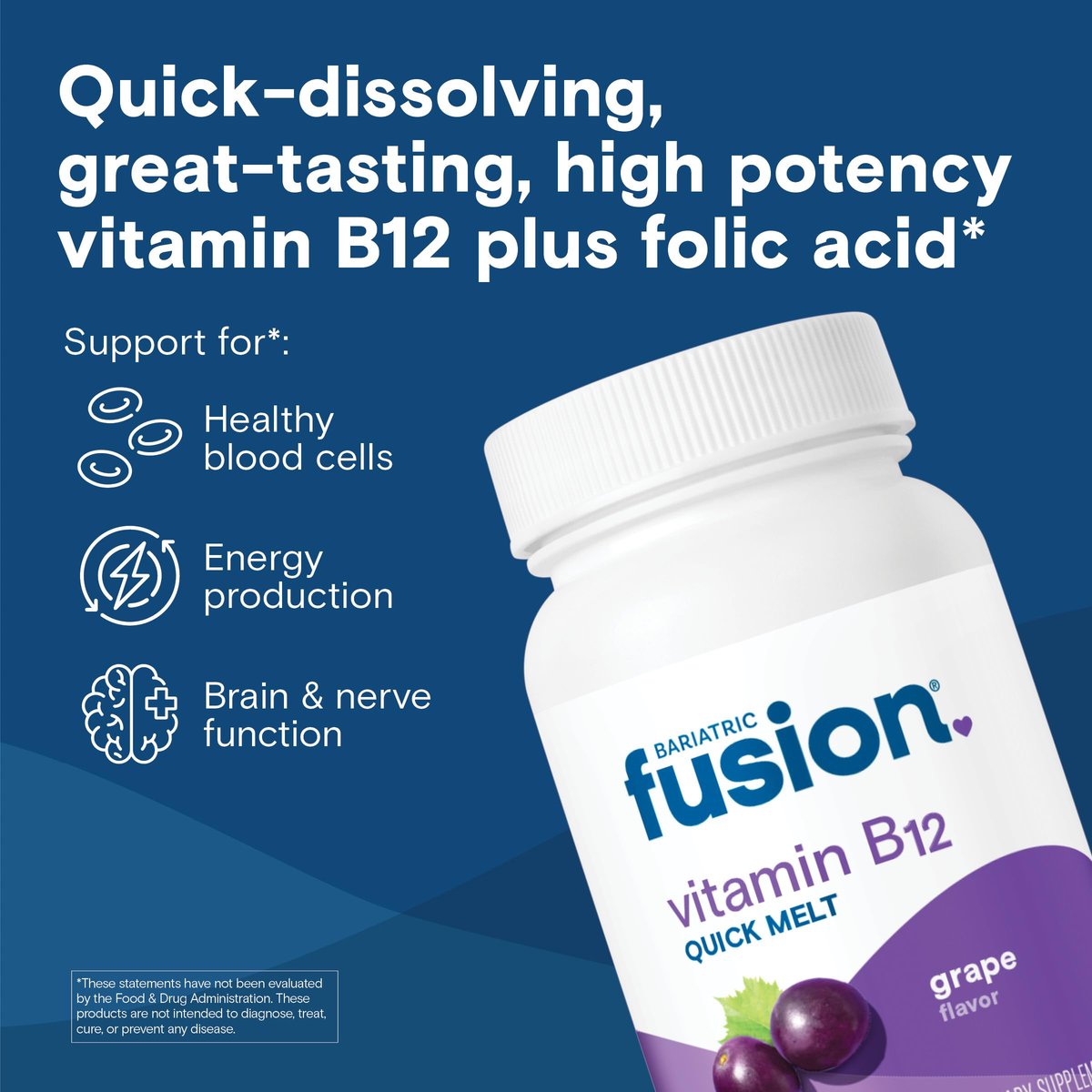 Bariatric Fusion Vitamin B12 1000 µg Sublingual-Schmelztabletten | Traubengeschmack | Vitamin B12 zum Zergehenlassen unter der Zunge mit Folsäure | Zuckerfrei | Methylcobalamin | 90 Stück