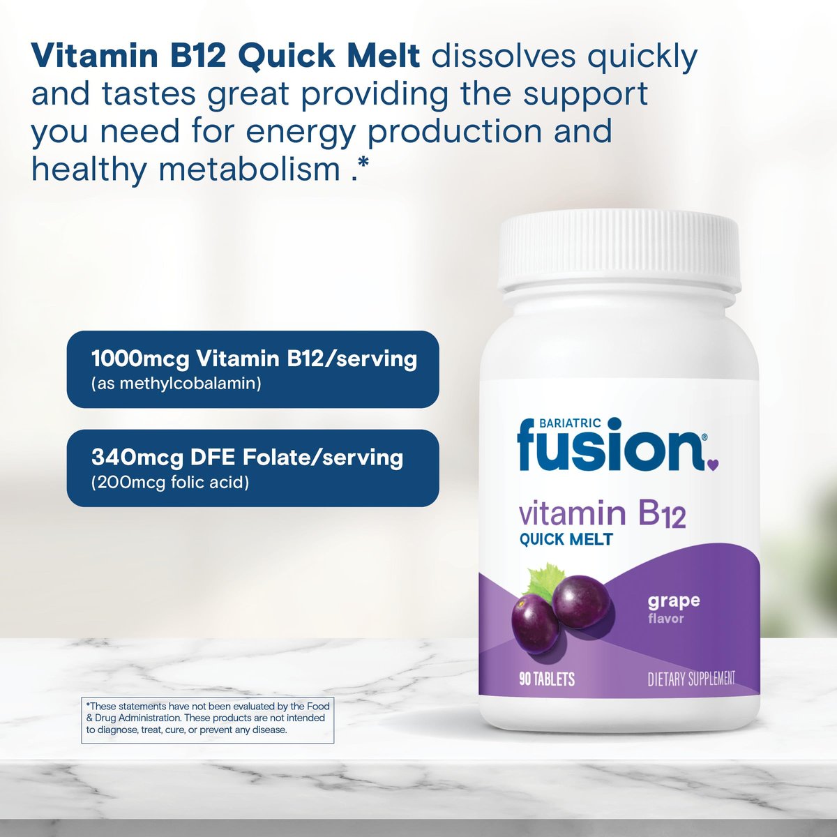 Bariatric Fusion Vitamin B12 1000 µg Sublingual-Schmelztabletten | Traubengeschmack | Vitamin B12 zum Zergehenlassen unter der Zunge mit Folsäure | Zuckerfrei | Methylcobalamin | 90 Stück