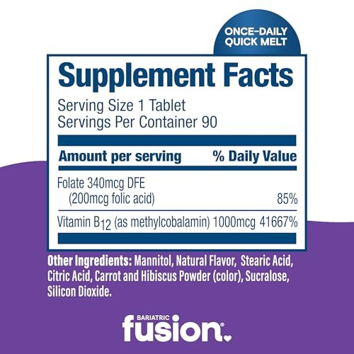 Bariatric Fusion Vitamin B12 1000 µg Sublingual-Schmelztabletten | Traubengeschmack | Vitamin B12 zum Zergehenlassen unter der Zunge mit Folsäure | Zuckerfrei | Methylcobalamin | 90 Stück