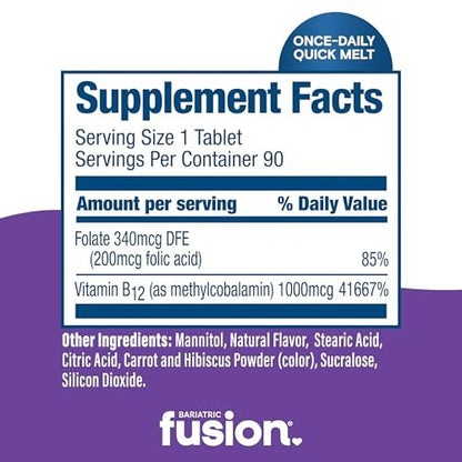 Bariatric Fusion Vitamin B12 1000 µg Sublingual-Schmelztabletten | Traubengeschmack | Vitamin B12 zum Zergehenlassen unter der Zunge mit Folsäure | Zuckerfrei | Methylcobalamin | 90 Stück