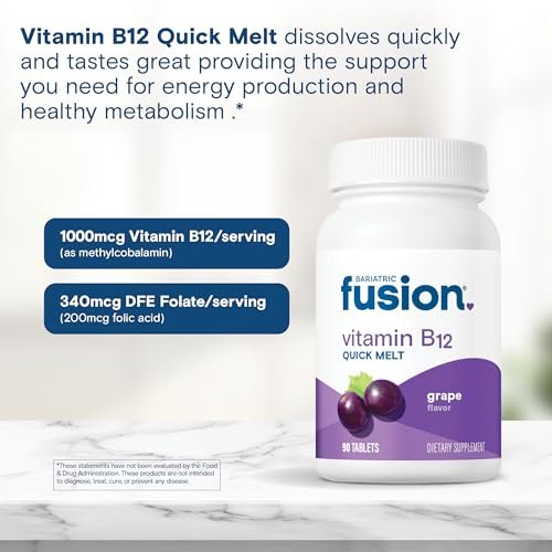 Bariatric Fusion Vitamin B12 1000 µg Sublingual-Schmelztabletten | Traubengeschmack | Vitamin B12 zum Zergehenlassen unter der Zunge mit Folsäure | Zuckerfrei | Methylcobalamin | 90 Stück