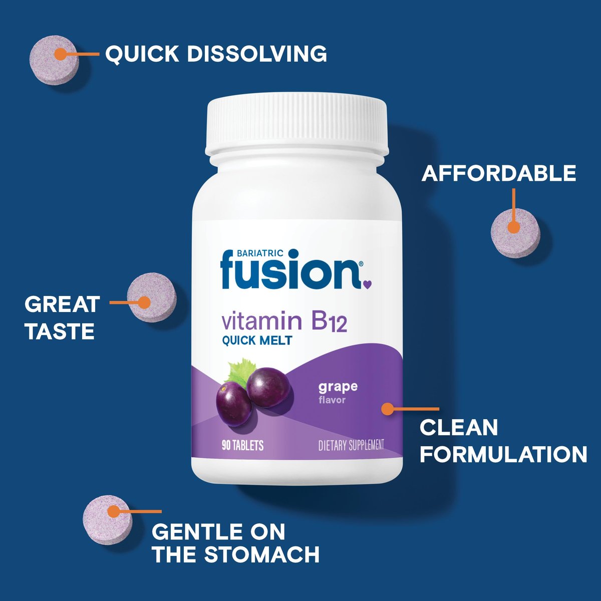 Bariatric Fusion Vitamin B12 1000 µg Sublingual-Schmelztabletten | Traubengeschmack | Vitamin B12 zum Zergehenlassen unter der Zunge mit Folsäure | Zuckerfrei | Methylcobalamin | 90 Stück
