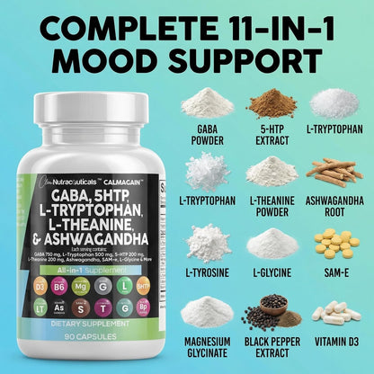 Clean Nutraceuticals GABA 750 mg, 5-HTP 200 mg, L-Tryptophan 500 mg, L-Theanin 200 mg, Ashwagandha, SAM-e, L-Glycin – Stimmungsunterstützung für Frauen und Männer mit L-Tyrosin