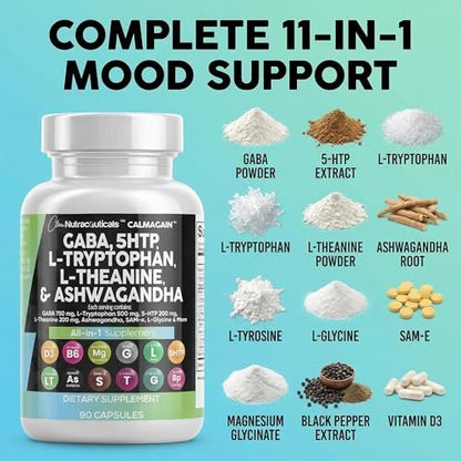 Clean Nutraceuticals GABA 750 mg, 5-HTP 200 mg, L-Tryptophan 500 mg, L-Theanin 200 mg, Ashwagandha, SAM-e, L-Glycin – Stimmungsunterstützung für Frauen und Männer mit L-Tyrosin