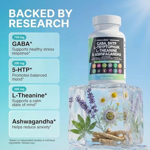 Clean Nutraceuticals GABA 750 mg, 5-HTP 200 mg, L-Tryptophan 500 mg, L-Theanin 200 mg, Ashwagandha, SAM-e, L-Glycin – Stimmungsunterstützung für Frauen und Männer mit L-Tyrosin