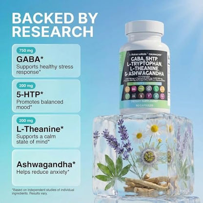 Clean Nutraceuticals GABA 750 mg, 5-HTP 200 mg, L-Tryptophan 500 mg, L-Theanin 200 mg, Ashwagandha, SAM-e, L-Glycin – Stimmungsunterstützung für Frauen und Männer mit L-Tyrosin