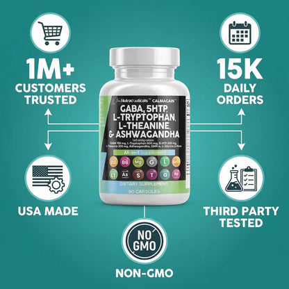 Clean Nutraceuticals GABA 750 mg, 5-HTP 200 mg, L-Tryptophan 500 mg, L-Theanin 200 mg, Ashwagandha, SAM-e, L-Glycin – Stimmungsunterstützung für Frauen und Männer mit L-Tyrosin