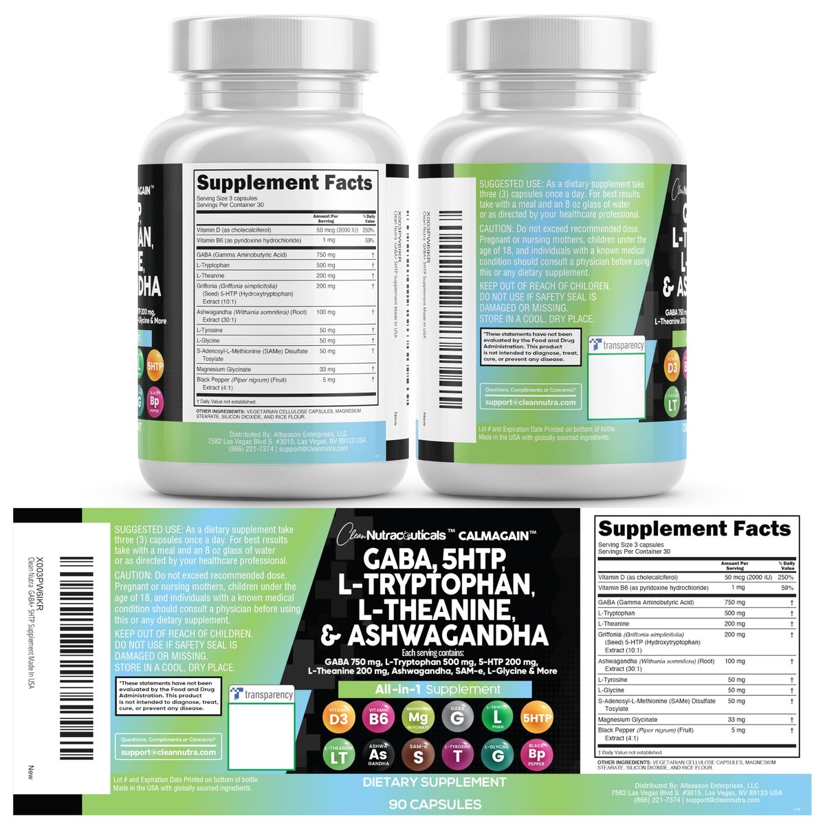 Clean Nutraceuticals GABA 750 mg, 5-HTP 200 mg, L-Tryptophan 500 mg, L-Theanin 200 mg, Ashwagandha, SAM-e, L-Glycin – Stimmungsunterstützung für Frauen und Männer mit L-Tyrosin