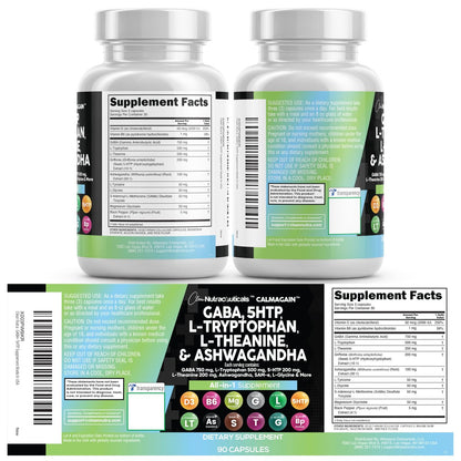 Clean Nutraceuticals GABA 750 mg, 5-HTP 200 mg, L-Tryptophan 500 mg, L-Theanin 200 mg, Ashwagandha, SAM-e, L-Glycin – Stimmungsunterstützung für Frauen und Männer mit L-Tyrosin