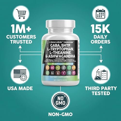 Clean Nutraceuticals GABA 750 mg, 5-HTP 200 mg, L-Tryptophan 500 mg, L-Theanin 200 mg, Ashwagandha, SAM-e, L-Glycin – Stimmungsunterstützung für Frauen und Männer mit L-Tyrosin