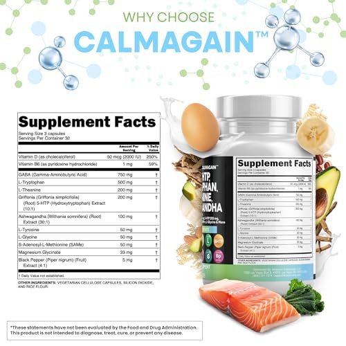 Clean Nutraceuticals GABA 750 mg, 5-HTP 200 mg, L-Tryptophan 500 mg, L-Theanin 200 mg, Ashwagandha, SAM-e, L-Glycin – Stimmungsunterstützung für Frauen und Männer mit L-Tyrosin
