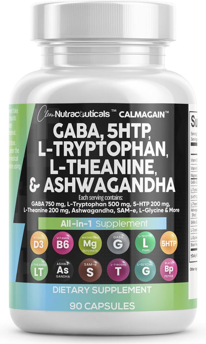 Clean Nutraceuticals GABA 750 mg, 5-HTP 200 mg, L-Tryptophan 500 mg, L-Theanin 200 mg, Ashwagandha, SAM-e, L-Glycin – Stimmungsunterstützung für Frauen und Männer mit L-Tyrosin