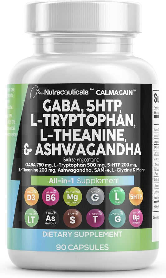Clean Nutraceuticals GABA 750 mg, 5-HTP 200 mg, L-Tryptophan 500 mg, L-Theanin 200 mg, Ashwagandha, SAM-e, L-Glycin – Stimmungsunterstützung für Frauen und Männer mit L-Tyrosin