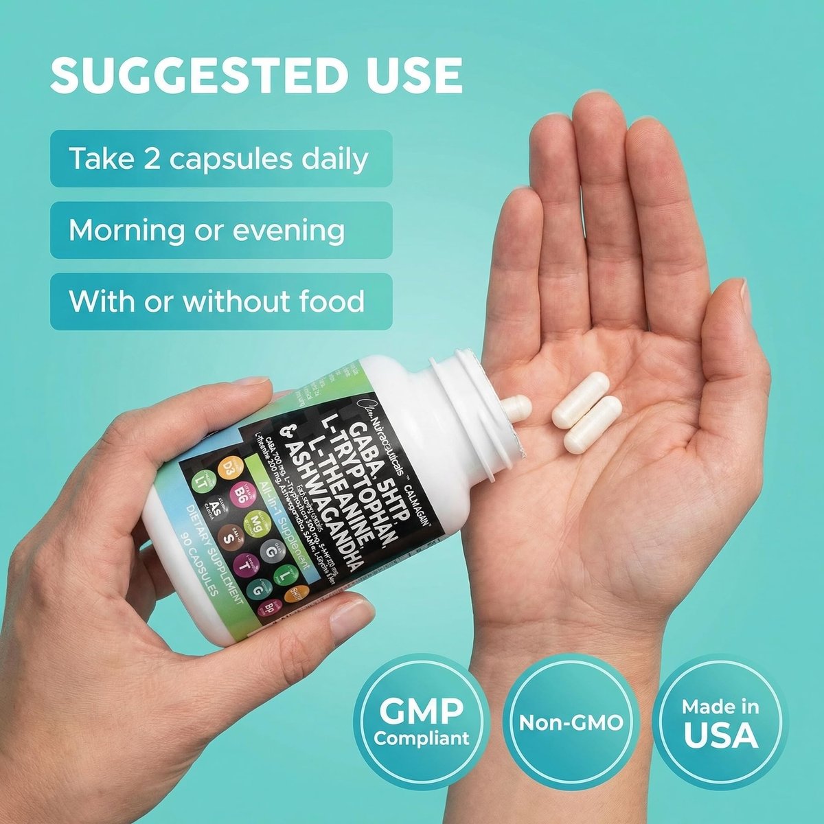 Clean Nutraceuticals GABA 750 mg, 5-HTP 200 mg, L-Tryptophan 500 mg, L-Theanin 200 mg, Ashwagandha, SAM-e, L-Glycin – Stimmungsunterstützung für Frauen und Männer mit L-Tyrosin