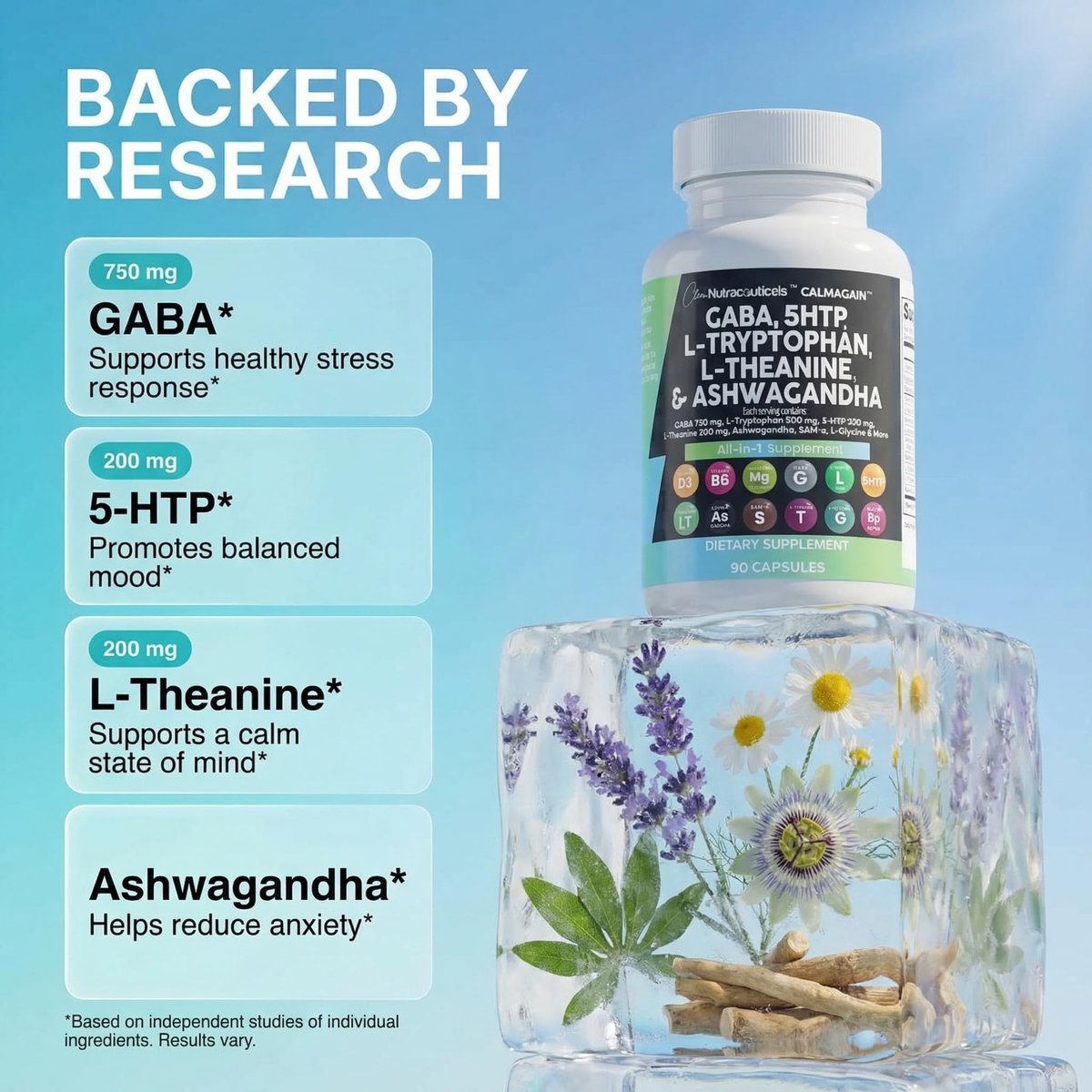 Clean Nutraceuticals GABA 750 mg, 5-HTP 200 mg, L-Tryptophan 500 mg, L-Theanin 200 mg, Ashwagandha, SAM-e, L-Glycin – Stimmungsunterstützung für Frauen und Männer mit L-Tyrosin