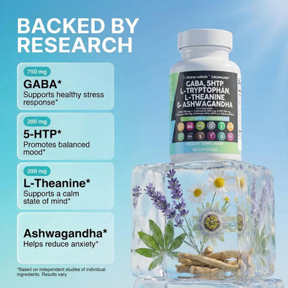 Clean Nutraceuticals GABA 750 mg, 5-HTP 200 mg, L-Tryptophan 500 mg, L-Theanin 200 mg, Ashwagandha, SAM-e, L-Glycin – Stimmungsunterstützung für Frauen und Männer mit L-Tyrosin