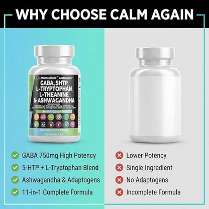 Clean Nutraceuticals GABA 750 mg, 5-HTP 200 mg, L-Tryptophan 500 mg, L-Theanin 200 mg, Ashwagandha, SAM-e, L-Glycin – Stimmungsunterstützung für Frauen und Männer mit L-Tyrosin