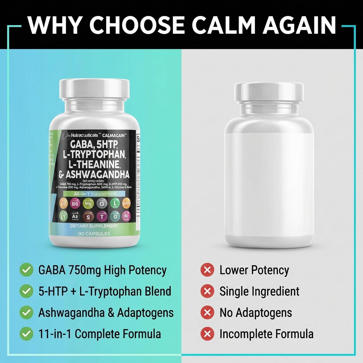 Clean Nutraceuticals GABA 750 mg, 5-HTP 200 mg, L-Tryptophan 500 mg, L-Theanin 200 mg, Ashwagandha, SAM-e, L-Glycin – Stimmungsunterstützung für Frauen und Männer mit L-Tyrosin