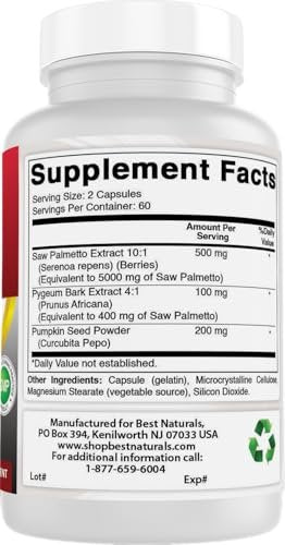 Best Naturals Sägepalme 10:1 Extrakt Prostatakomplex für Männer – 120 Kapseln – Mit Pygeum Rinde 4:1 Extrakt und Kürbiskernpulver
