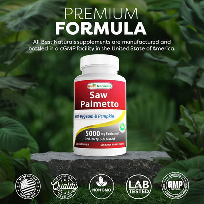 Best Naturals Sägepalme 10:1 Extrakt Prostatakomplex für Männer – 120 Kapseln – Mit Pygeum Rinde 4:1 Extrakt und Kürbiskernpulver