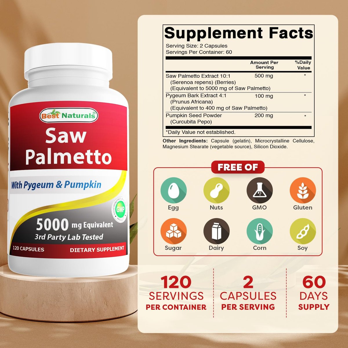 Best Naturals Sägepalme 10:1 Extrakt Prostatakomplex für Männer – 120 Kapseln – Mit Pygeum Rinde 4:1 Extrakt und Kürbiskernpulver