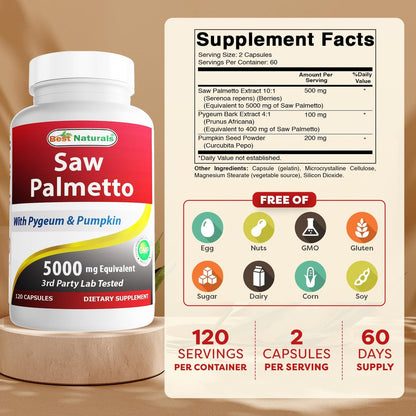 Best Naturals Sägepalme 10:1 Extrakt Prostatakomplex für Männer – 120 Kapseln – Mit Pygeum Rinde 4:1 Extrakt und Kürbiskernpulver
