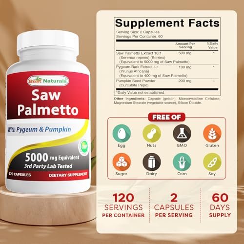 Best Naturals Sägepalme 10:1 Extrakt Prostatakomplex für Männer – 120 Kapseln – Mit Pygeum Rinde 4:1 Extrakt und Kürbiskernpulver