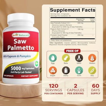 Best Naturals Sägepalme 10:1 Extrakt Prostatakomplex für Männer – 120 Kapseln – Mit Pygeum Rinde 4:1 Extrakt und Kürbiskernpulver