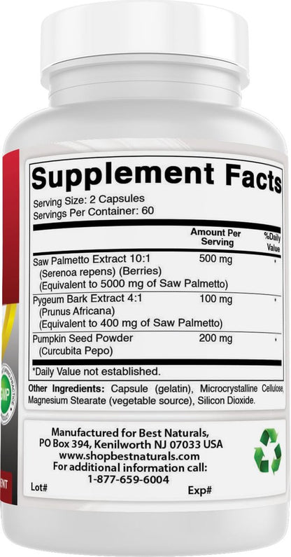 Best Naturals Sägepalme 10:1 Extrakt Prostatakomplex für Männer – 120 Kapseln – Mit Pygeum Rinde 4:1 Extrakt und Kürbiskernpulver
