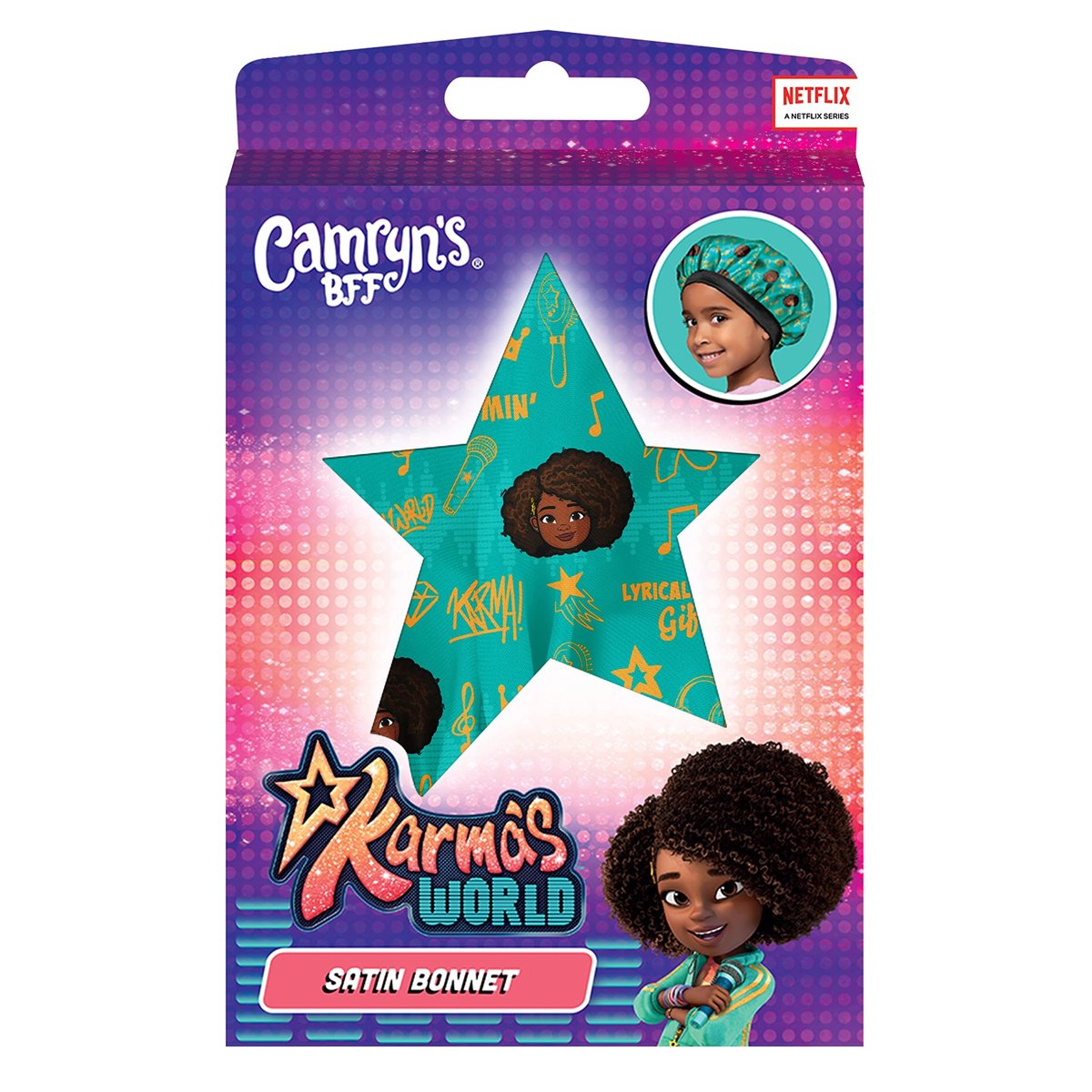 Camryn's BFF Karma's World Teal Satin Bonnet mit Zitaten – Polyester-Mischung