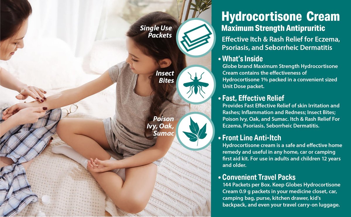 Globe Hydrocortison 1% Max Stärke Anti-Juckreiz Creme (144 Einzelpackungen) - Lindert Rötungen, Schwellungen, Juckreiz, Hautausschlag, Insektenstiche, Ekzeme, Hämorrhoiden & mehr