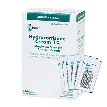 Globe Hydrocortison 1% Max Stärke Anti-Juckreiz Creme (144 Einzelpackungen) - Lindert Rötungen, Schwellungen, Juckreiz, Hautausschlag, Insektenstiche, Ekzeme, Hämorrhoiden & mehr