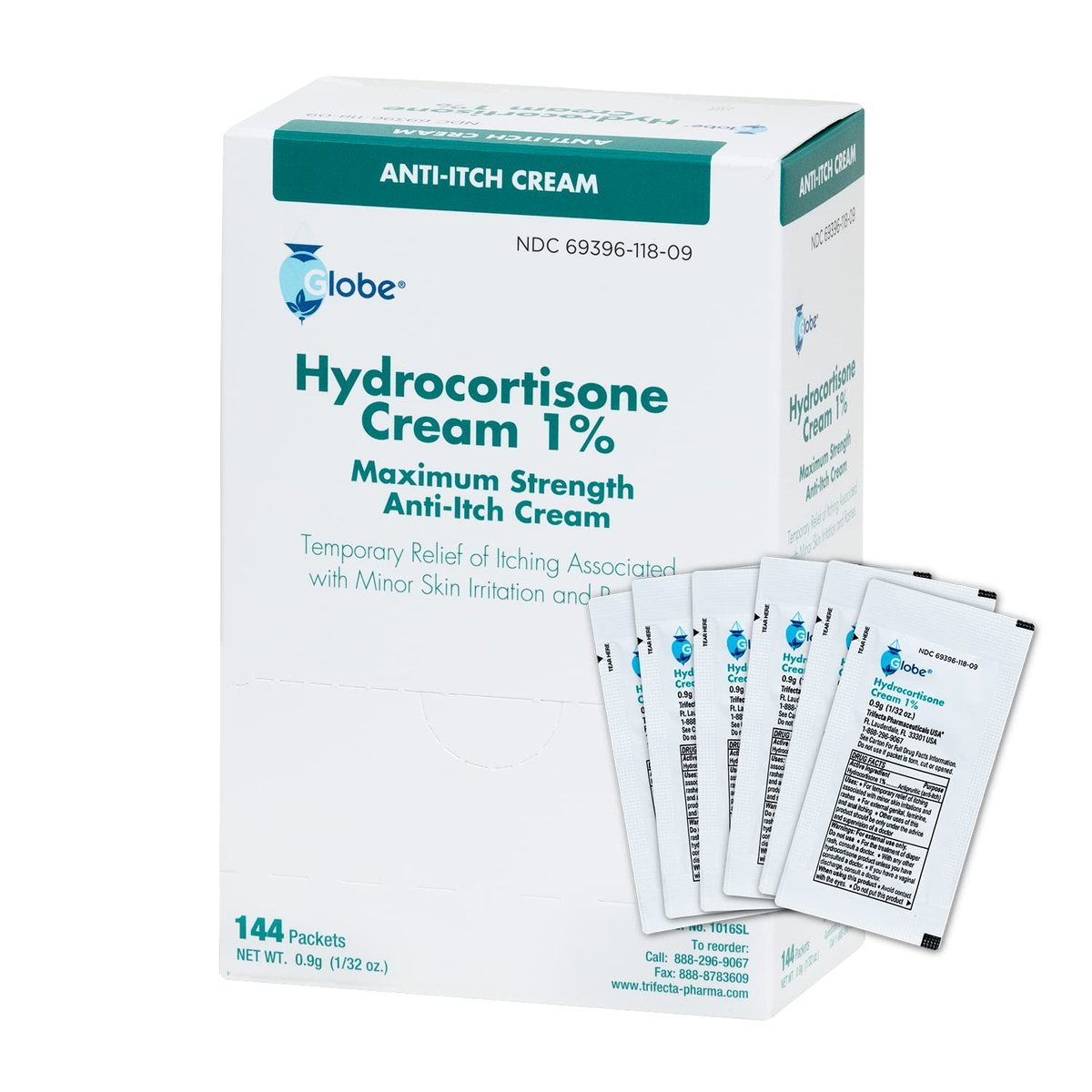 Globe Hydrocortison 1% Max Stärke Anti-Juckreiz Creme (144 Einzelpackungen) - Lindert Rötungen, Schwellungen, Juckreiz, Hautausschlag, Insektenstiche, Ekzeme, Hämorrhoiden & mehr