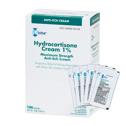Globe Hydrocortison 1% Max Stärke Anti-Juckreiz Creme (144 Einzelpackungen) - Lindert Rötungen, Schwellungen, Juckreiz, Hautausschlag, Insektenstiche, Ekzeme, Hämorrhoiden & mehr