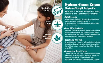 Globe Hydrocortison 1% Max Stärke Anti-Juckreiz Creme (144 Einzelpackungen) - Lindert Rötungen, Schwellungen, Juckreiz, Hautausschlag, Insektenstiche, Ekzeme, Hämorrhoiden & mehr