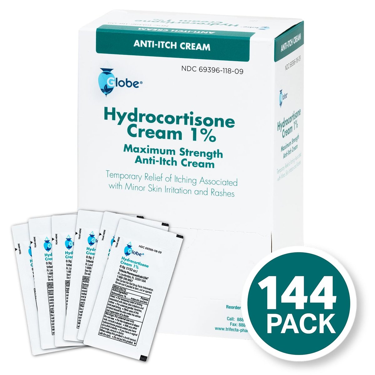 Globe Hydrocortison 1% Max Stärke Anti-Juckreiz Creme (144 Einzelpackungen) - Lindert Rötungen, Schwellungen, Juckreiz, Hautausschlag, Insektenstiche, Ekzeme, Hämorrhoiden & mehr
