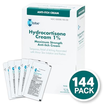 Globe Hydrocortison 1% Max Stärke Anti-Juckreiz Creme (144 Einzelpackungen) - Lindert Rötungen, Schwellungen, Juckreiz, Hautausschlag, Insektenstiche, Ekzeme, Hämorrhoiden & mehr