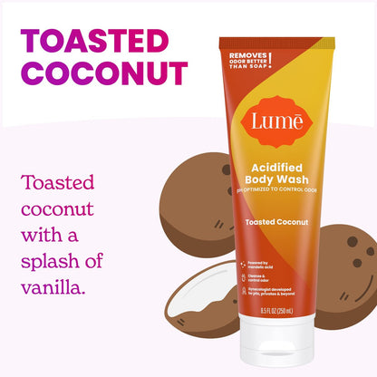 Lume Acidified Body Wash – 24-Stunden-Geruchskontrolle – Entfernt Gerüche besser als Seife – Feuchtigkeitsspendende Formel – Ohne SLS oder Parabene – Von Gynäkologen entwickelt – 8,5 Unzen (Toasted Coconut)