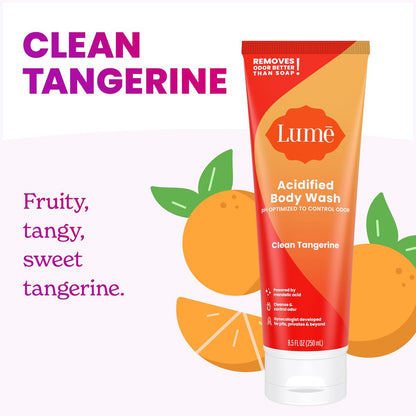 Lume Acidified Body Wash – 24h Geruchskontrolle – Entfernt Gerüche besser als Seife – Feuchtigkeitsspendend – SLS-frei, parabenfrei – Für empfindliche Haut geeignet – 240 ml (Clean Tangerine)