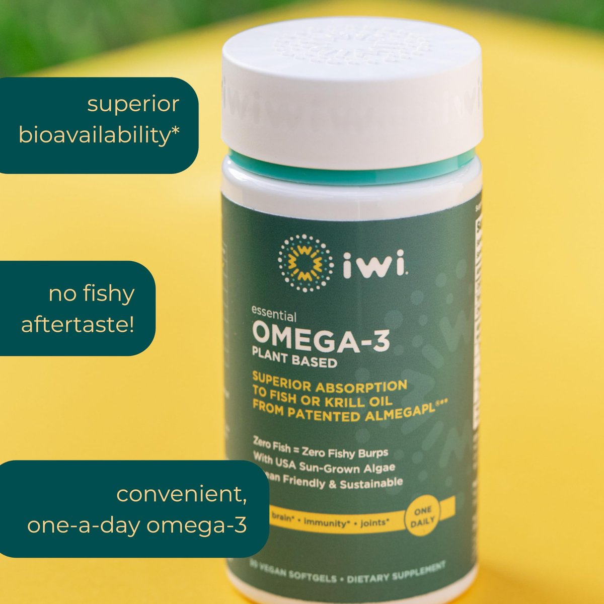 Iwi Omega-3 Essential, 30 Softgels (30 Portionen), Pflanzliches Algen-Omega-3 mit EPA + DHA, Nahrungsergänzungsmittel für Gehirn, Herz & Immunsystem, Alternative zu Krill- & Fischöl, Kein fischiger Nachgeschmack