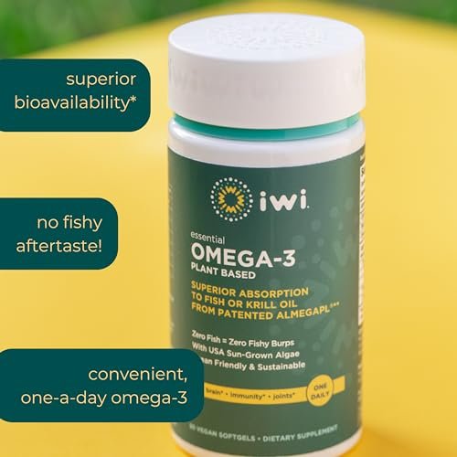Iwi Omega-3 Essential, 30 Softgels (30 Portionen), Pflanzliches Algen-Omega-3 mit EPA + DHA, Nahrungsergänzungsmittel für Gehirn, Herz & Immunsystem, Alternative zu Krill- & Fischöl, Kein fischiger Nachgeschmack