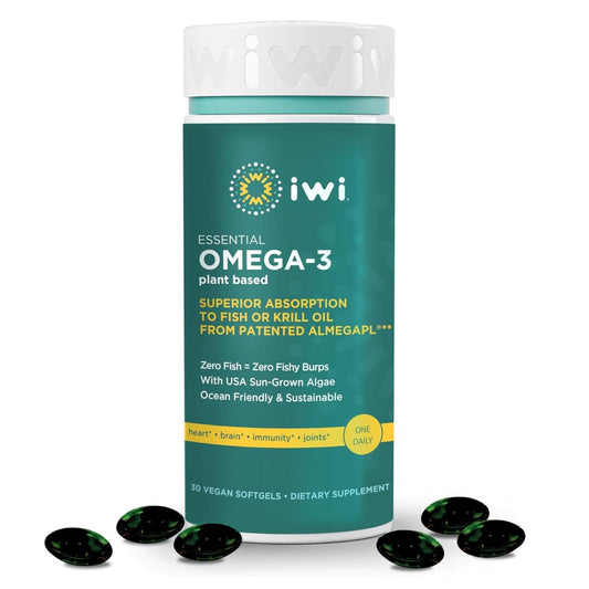 Iwi Omega-3 Essential, 30 Softgels (30 Portionen), Pflanzliches Algen-Omega-3 mit EPA + DHA, Nahrungsergänzungsmittel für Gehirn, Herz & Immunsystem, Alternative zu Krill- & Fischöl, Kein fischiger Nachgeschmack