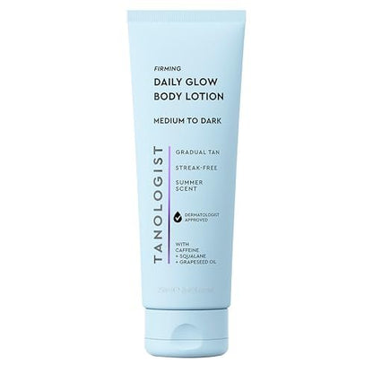 Tanologist Firming Daily Glow Body Lotion – Mittel/Dunkel, Selbstbräuner mit Sofortwirkung, übertragungssicher, natürlicher Teint ohne Orange, 7 Tage Halt, vegane Formel, 250 ml