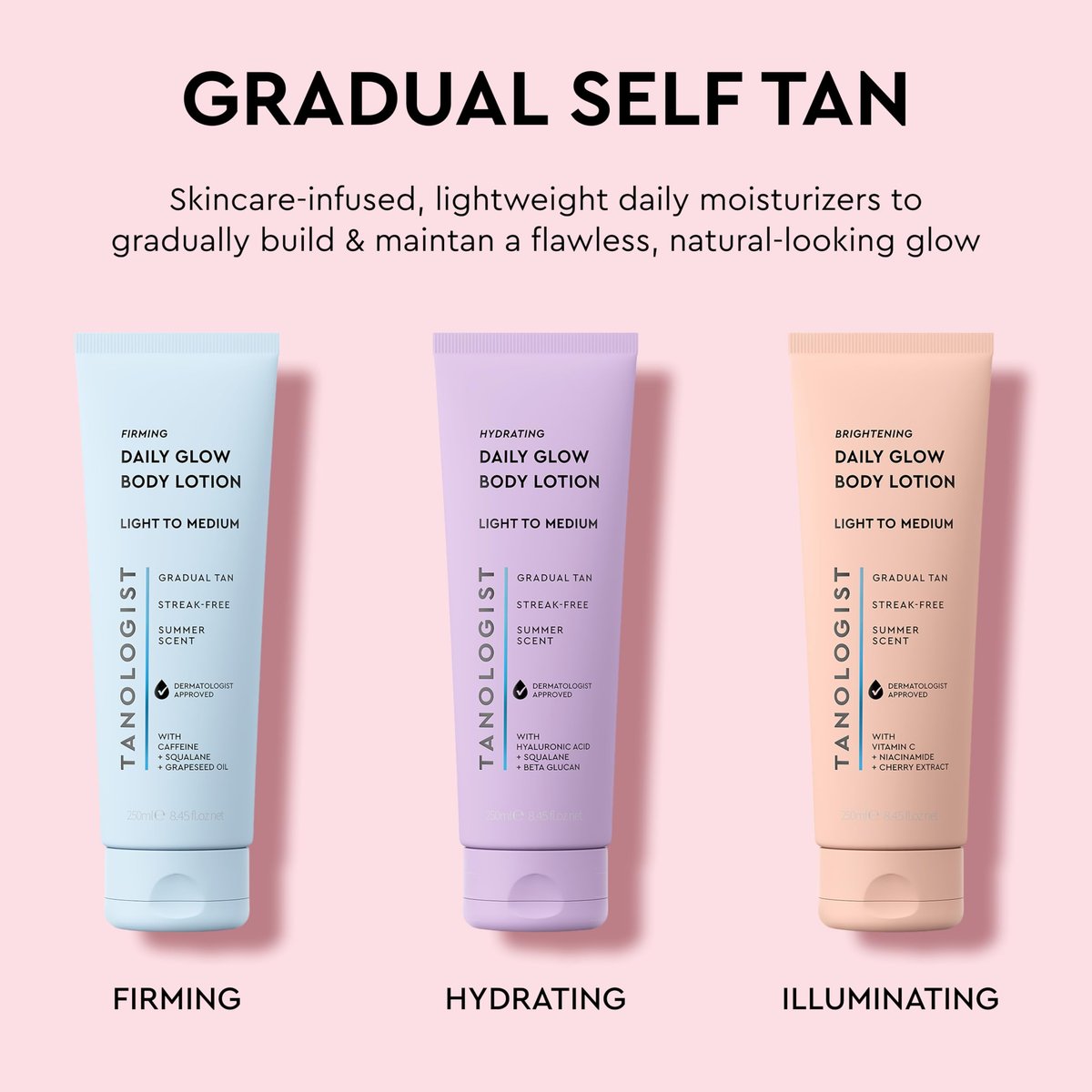 Tanologist Firming Daily Glow Body Lotion – Mittel/Dunkel, Selbstbräuner mit Sofortwirkung, übertragungssicher, natürlicher Teint ohne Orange, 7 Tage Halt, vegane Formel, 250 ml