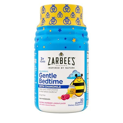 Zarbee's Sanfte Gute-Nacht-Gummis für Kinder - Melatonin-freie Mischung aus natürlichem Honig, Himbeer-Zitrone und Kamille hilft Kindern beim Entspannen und Abschalten für eine erholsame Nacht, 30 Stück